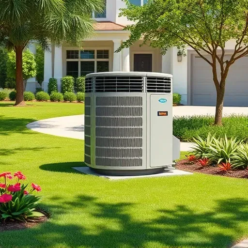 Freshly repaired air conditioning unit on a modern home in North Richland Hills TX surrounded by a landscaped yard.