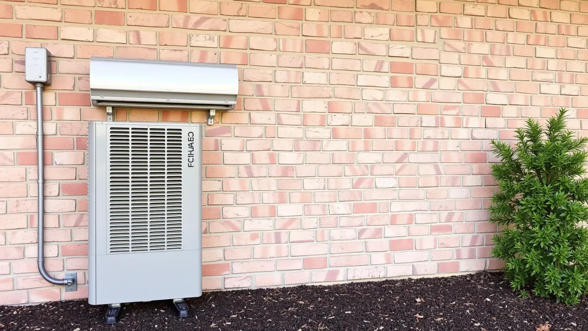 Interior of a clean, serviced air conditioning unit with filters, components, and tools in a professional workshop setting.