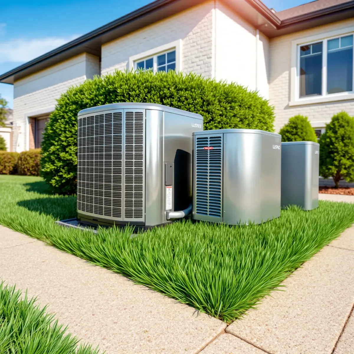 Modern home with sleek, mounted air conditioning unit on a well-kept wall, lush yard, and clear blue sky.