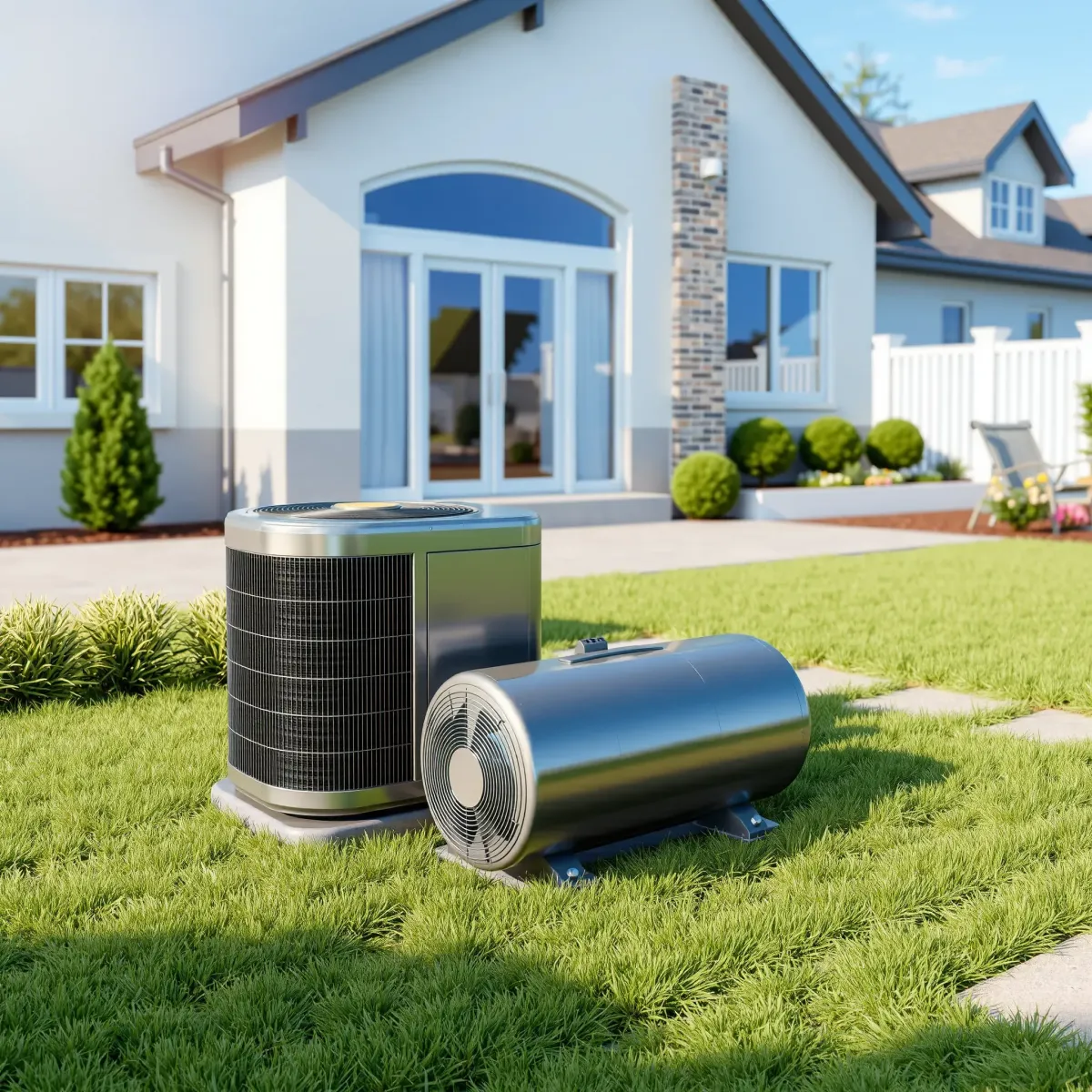Saginaw TX backyard with A/C unit, repair tools, open van, Texas landscape, lush grass, and shaded area, no people present.