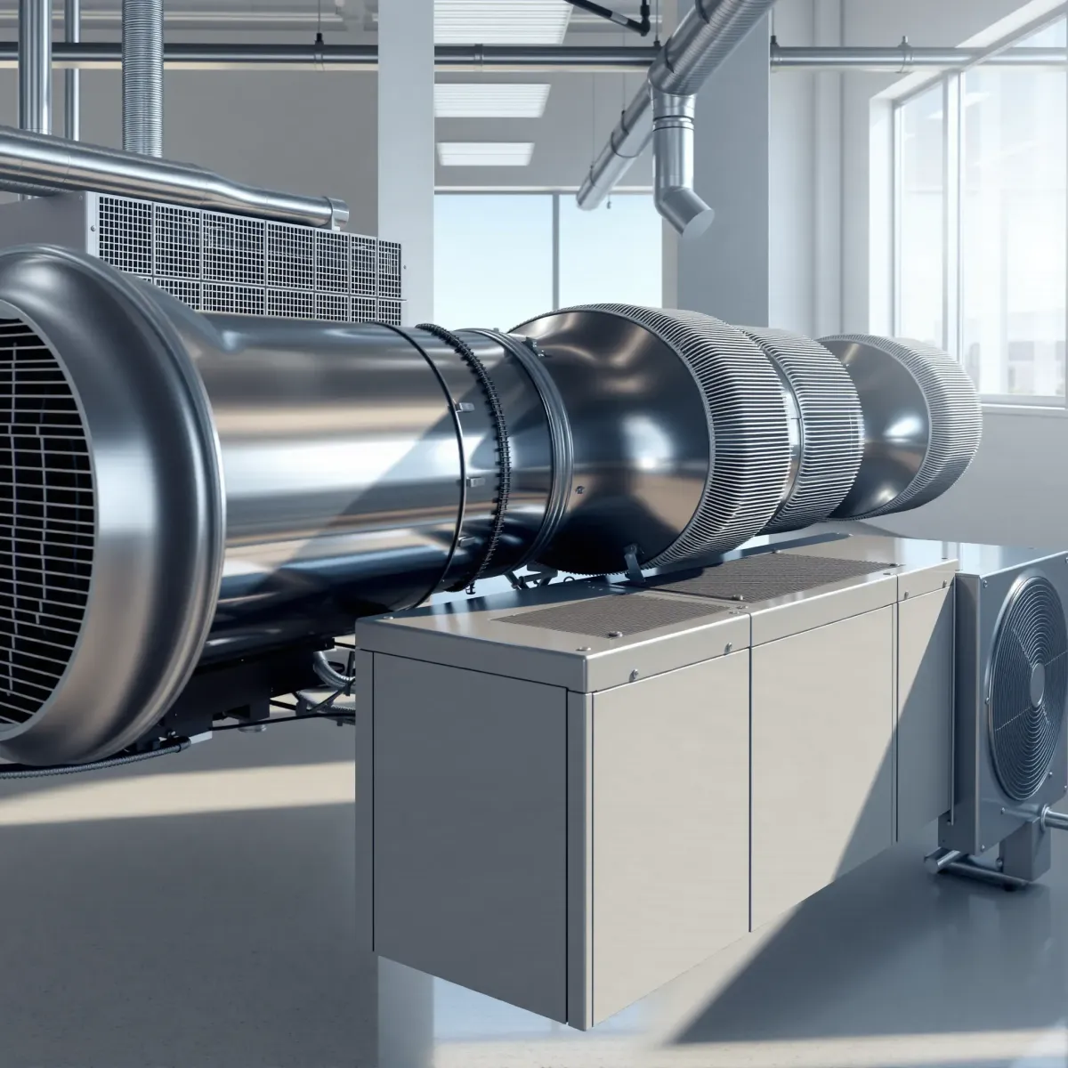 Modern commercial HVAC system with polished metal vents in a bright, organized office space in White Settlement, TX.