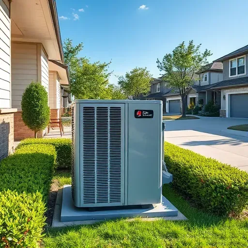 Modern air conditioning unit on a house exterior with lush lawn and clear sky in Willow Park Texas