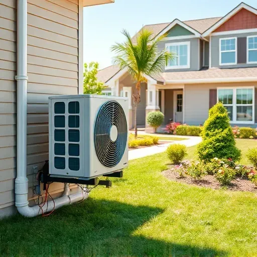 Recently serviced outdoor air conditioning unit on a modern Fort Worth home with lush landscaping and bright sky