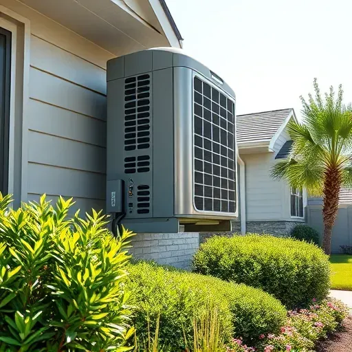 Modern HVAC unit on a home's side in Lakeside TX, with lush landscaping and a bright sky creating a serene atmosphere.