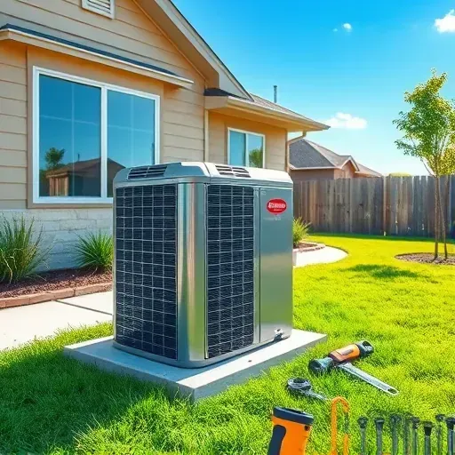 Recently repaired sleek AC unit in a Benbrook backyard, surrounded by lush grass and a well-maintained suburban home.
