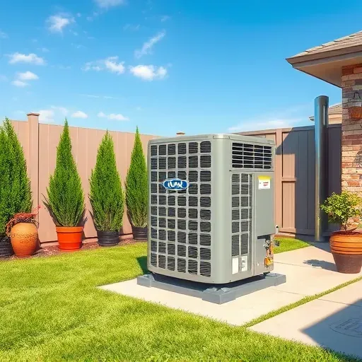 Outdoor modern air conditioning unit in Lake Dallas, TX, on a sunny summer day, surrounded by lush grass and well-kept surroundings.