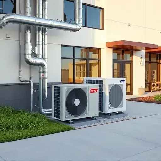 Modern HVAC system with sleek ducts, vents, outdoor unit, landscaped setting, and commercial building exterior in daylight.