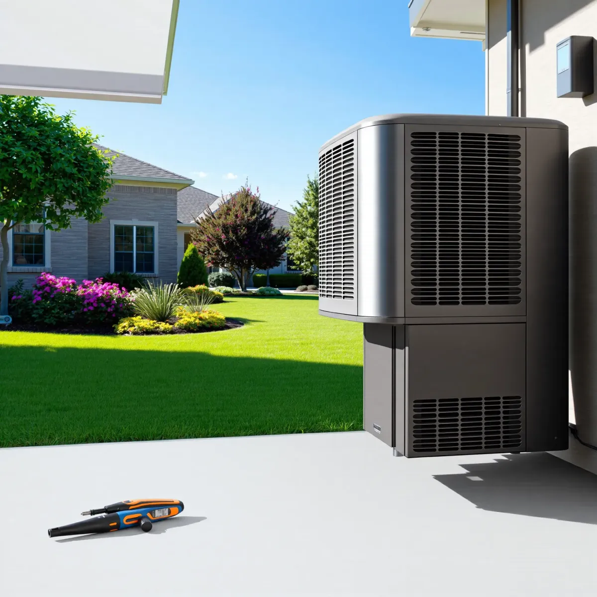 Freshly repaired outdoor AC unit in a tidy backyard with lush grass, shrubs, and a modern house under clear skies.