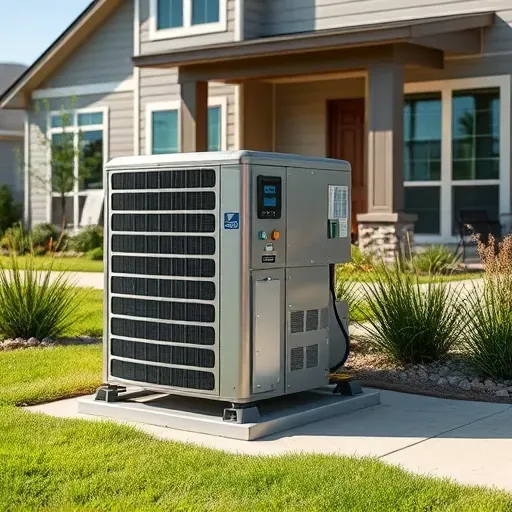 Outdoor HVAC unit in Willow Park, TX with modern panels, digital controls, lush landscaping, and clear blue sky.