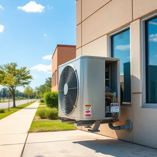 Freshly repaired air conditioning unit on a modern commercial building in Roanoke TX with clear branding and organized wiring.
