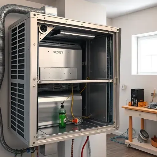 Inside a well-maintained residential AC unit in a neat utility room with tools, filters, and clean metallic components.