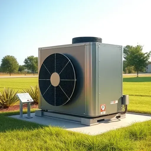 Outdoor HVAC unit in Rendon, TX, on a concrete pad, surrounded by green grass, shrubs, under a clear blue sky.