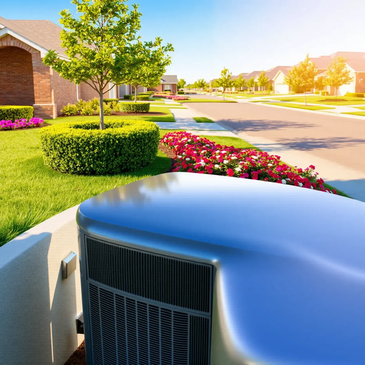 Well-maintained AC unit on a modern Fort Worth home exterior, surrounded by greenery and clear, natural lighting.