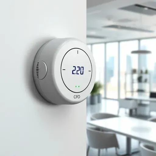 Modern office in Fort Worth TX with sleek wall-mounted carbon monoxide detector on polished surfaces and cityscape view