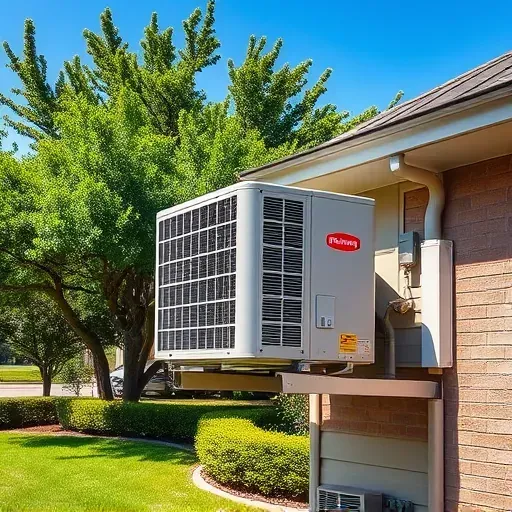 Freshly repaired air conditioning unit on a modern home in Forest Hill TX, surrounded by lush landscaping and a clear blue sky.