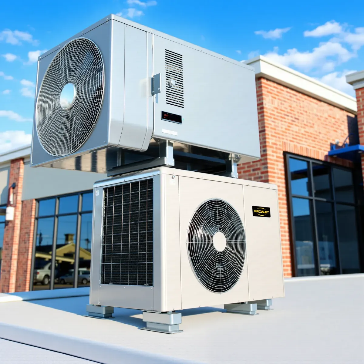 Modern HVAC unit on a Texas home, surrounded by lush grass, wildflowers, native shrubs, hills, and clear blue skies.