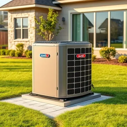 Outdoor modern HVAC unit installed in a lush suburban backyard near a contemporary house in Roanoke, TX.