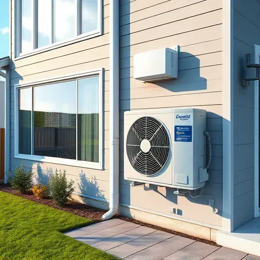 Newly installed air conditioning unit on modern home's exterior, with landscaped yard and sunny sky, showing quality service.