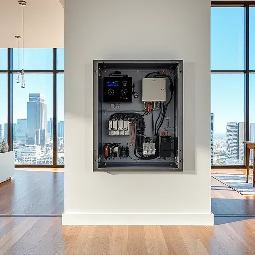 Modern zoning system with digital control panel in upscale Fort Worth interior with skyline view and polished flooring