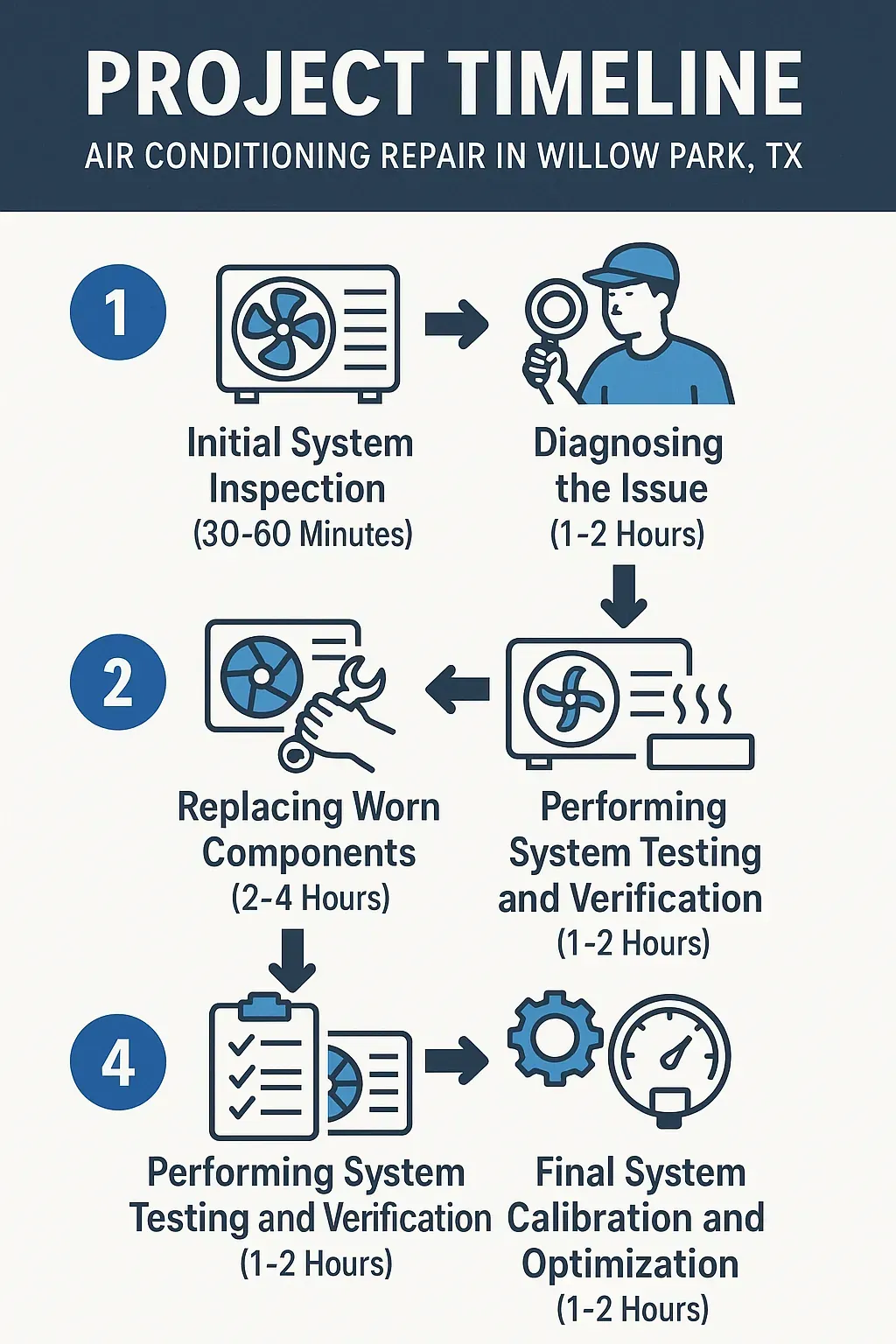 Infographic showing 5-step air conditioning repair timeline in Willow Park, TX, from inspection to system calibration.