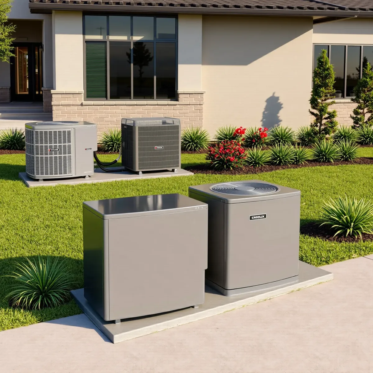 Modern rooftop HVAC unit in Aledo, TX, with Texas landscape, native plants, blue sky, and residential surroundings.