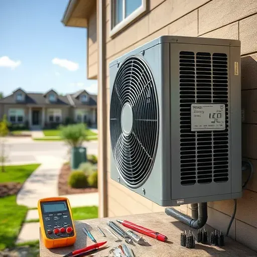 Close-up of a clean, detailed HVAC unit on a modern home in Sanger Texas with tools and a suburban neighborhood background