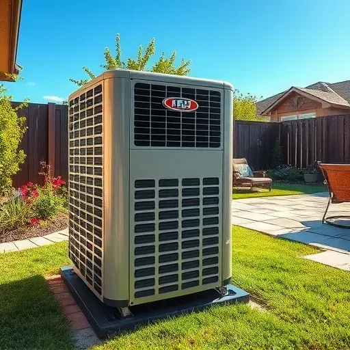 Outdoor repaired air conditioning unit on concrete pad amid green yard, suburban home, and blue Texas sky.