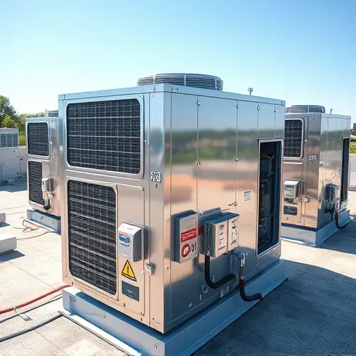 Modern HVAC unit on a commercial roof in Saginaw, TX, with metallic surfaces, vents, filters, and control panels under clear skies.