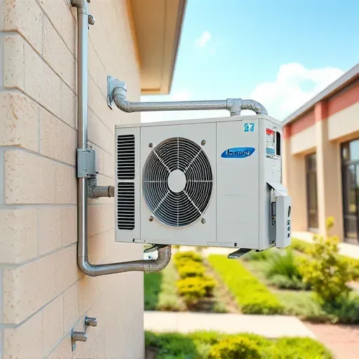 Serviced air conditioning unit on a modern building exterior in Argyle TX with greenery and bright sky background