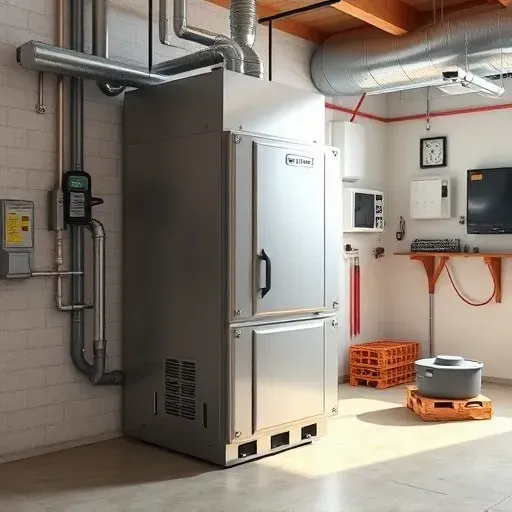 Finished furnace installation in modern Fort Worth utility room with sleek metallic finish, organized tools, and HVAC system detailing