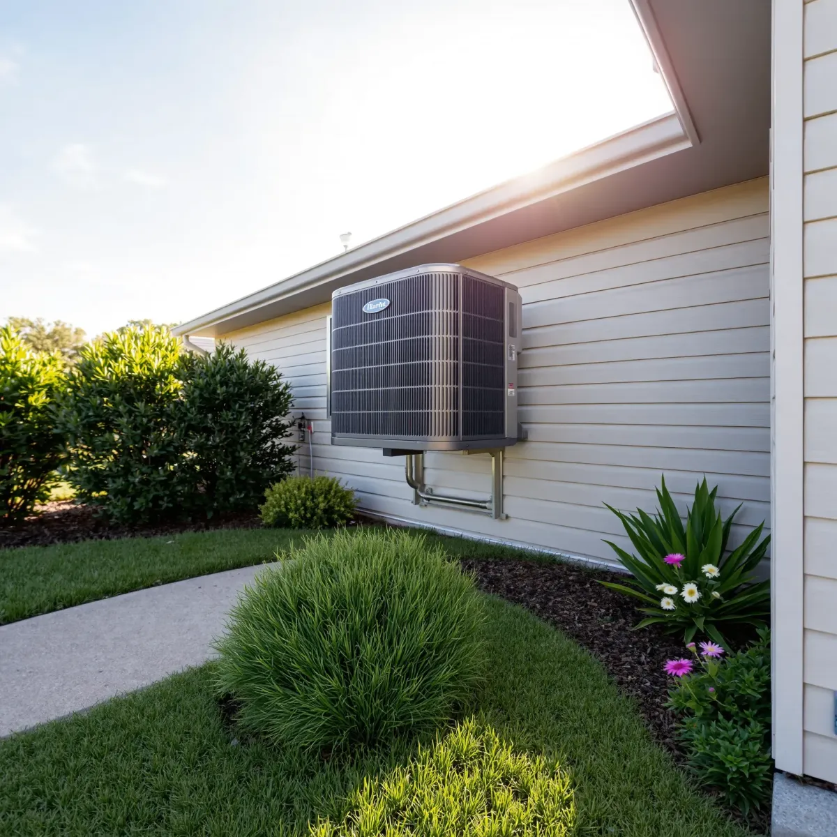 Outdoor air conditioning unit on a gravel driveway in Haslet, TX, with tools and Texas-style house in sunny weather.