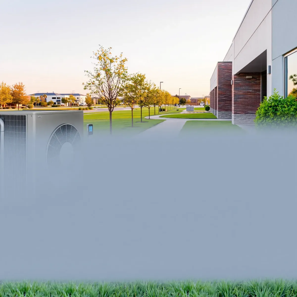 Air conditioning repair in Burleson, TX: technician inspecting outdoor unit amidst greenery under clear Texas sky.