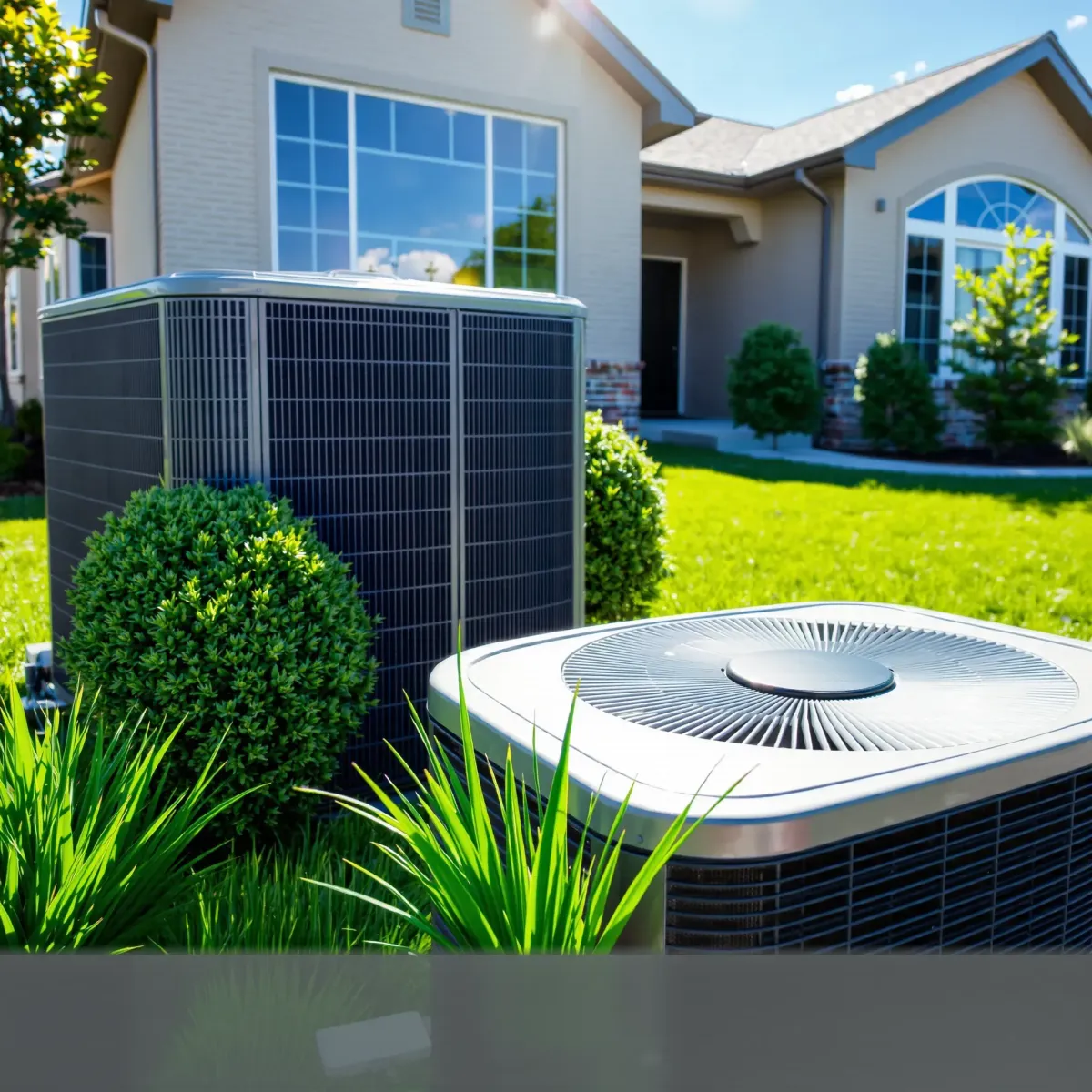 Modern exterior view of a sleek air conditioning unit on a suburban home in Pecan Acres, TX, surrounded by green landscaping.