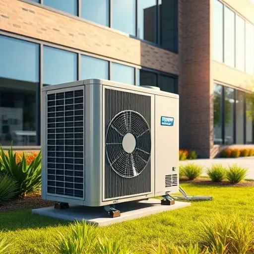 Freshly repaired air conditioning unit outside a modern building in Fort Worth TX with lush landscaping and polished design.