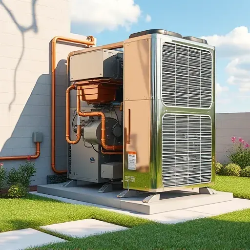 Completed outdoor HVAC repair on a modern stainless steel ac unit with landscaped patio and blue sky background