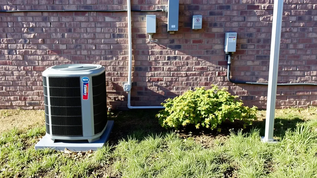 Outdoor modern HVAC unit installed near Western Lake, with landscaped greenery, calm water, and clear blue sky.