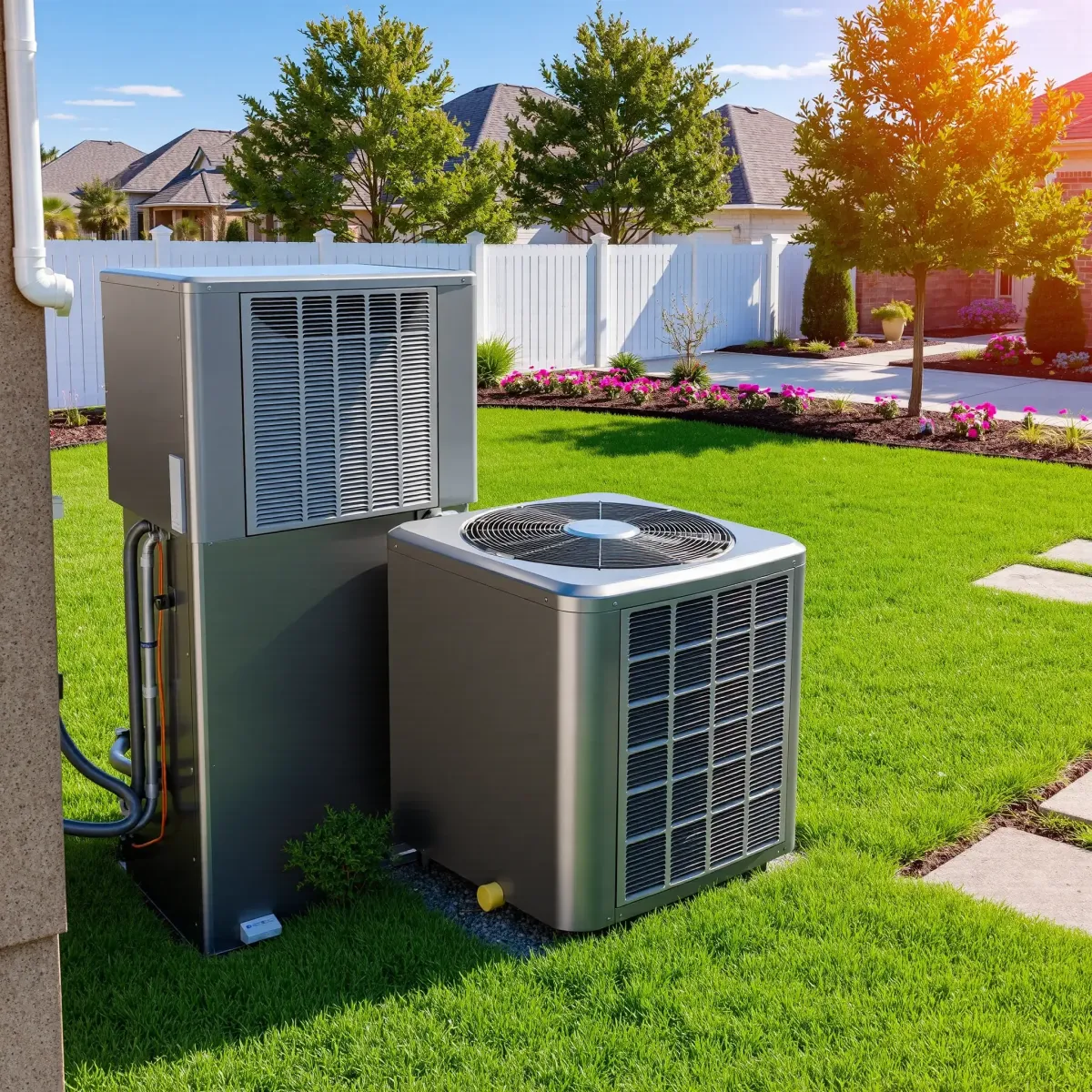 Well-maintained residential HVAC system in Willow Park, TX with sleek exterior unit, green yard, and modern home.