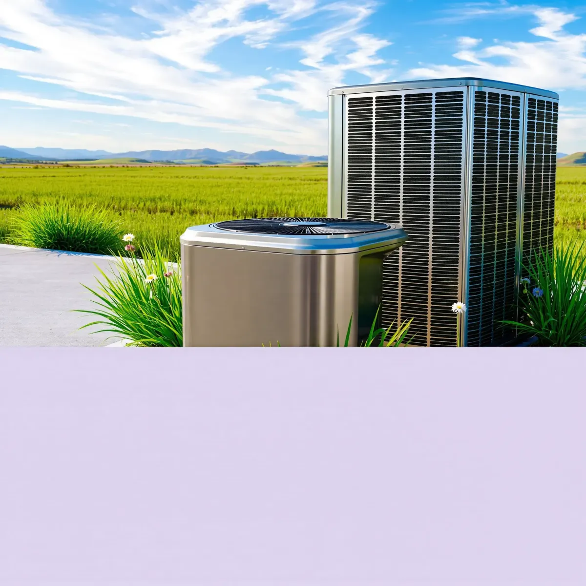 Outdoor modern HVAC unit on concrete pad amid lush landscaping in a welcoming suburban Texas neighborhood.