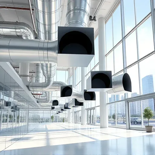 Completed airflow optimization installation in Fort Worth TX showing sleek ductwork inside a modern commercial building with skyline view