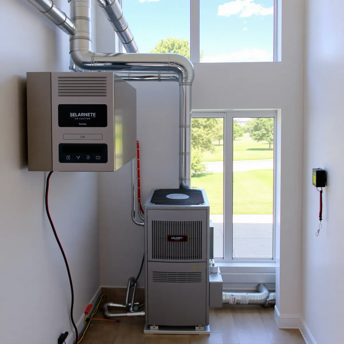 Modern HVAC system with sleek units and neat ductwork in a bright Texas home utility room, outdoors lush greenery.