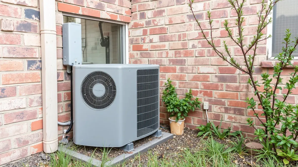 Pristine outdoor AC unit in Lake Dallas, TX, beside a modern home with lush landscaping and bright, sunny weather.
