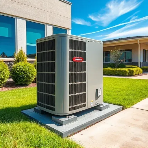Outdoor high-efficiency A/C unit on cement pad in tidy garden with building background in Haltom City, TX.