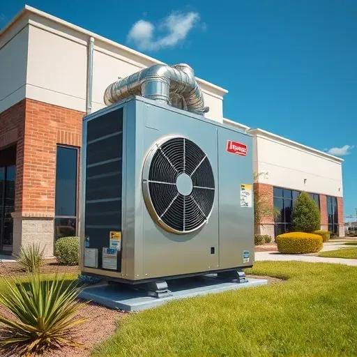 HVAC unit on modern Hudson Oaks, TX building with brick, glass, lush landscape, clear sky, emphasizing quality and professionalism.