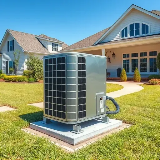 Freshly repaired outdoor A/C unit on a concrete pad in a suburban yard in Shady Shores, TX with greenery and a house.