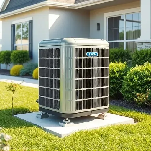 Outdoor modern energy-efficient air conditioner installed on a residential property in Saginaw, TX, surrounded by lush greenery.