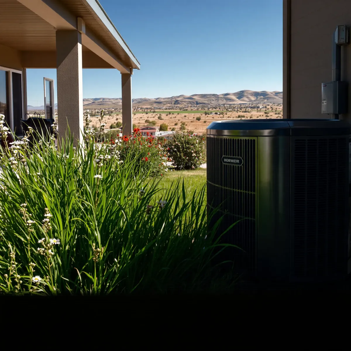 Seamless-installed modern HVAC unit with polished metal, vent grilles, landscaped yard, and suburban neighborhood display.