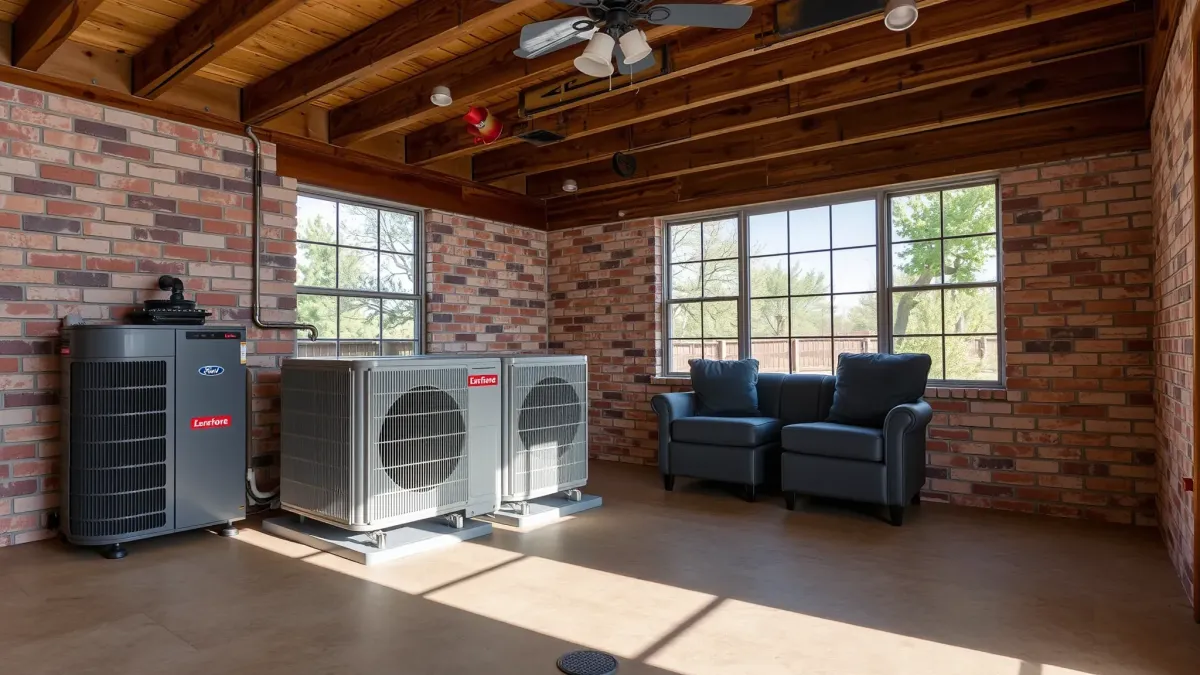 Modern residential HVAC unit installed on exterior wall in River Oaks, TX, with landscaped greenery and a sleek house background.