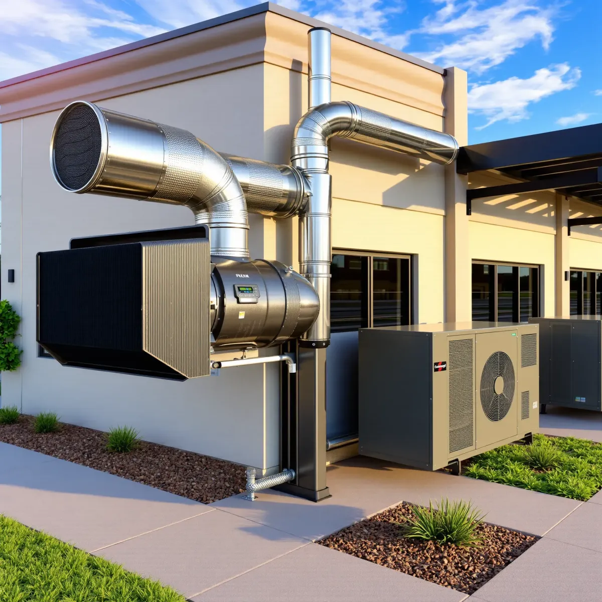 Operational HVAC system on modern commercial building in Lake Worth, TX with vents, digital panels, ductwork, and landscaping.