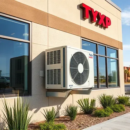 Freshly installed air conditioning unit on modern Fort Worth building with landscaped greenery, showcasing quality and professionalism