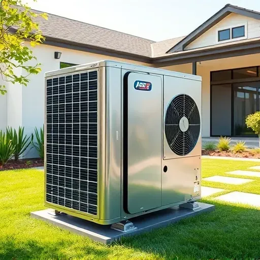 Modern air conditioning unit with sleek metallic surfaces installed outdoors in a lush, bright Shady Shores, TX backyard.